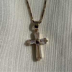 Gold Baguette Cross Pendant Necklace